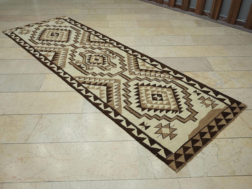 Neutral Flat Weave Kurdish Kilim Rug Runner,3.1x9.8 Ft,Kitchen Decor Wool Rugs.