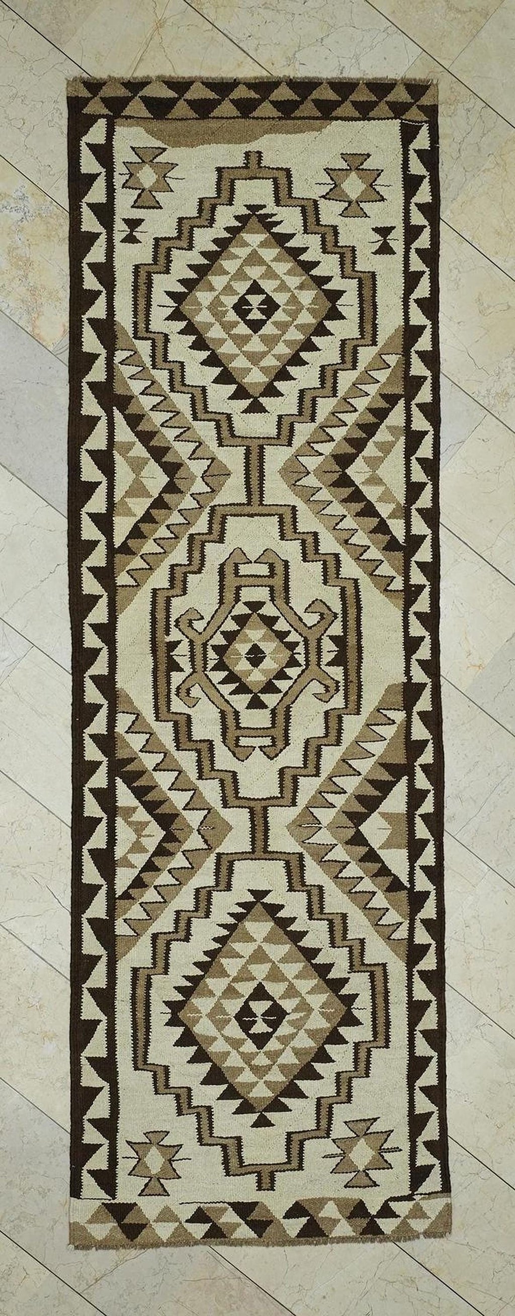 Neutral Flat Weave Kurdish Kilim Rug Runner,3.1x9.8 Ft,Kitchen Decor Wool Rugs.
