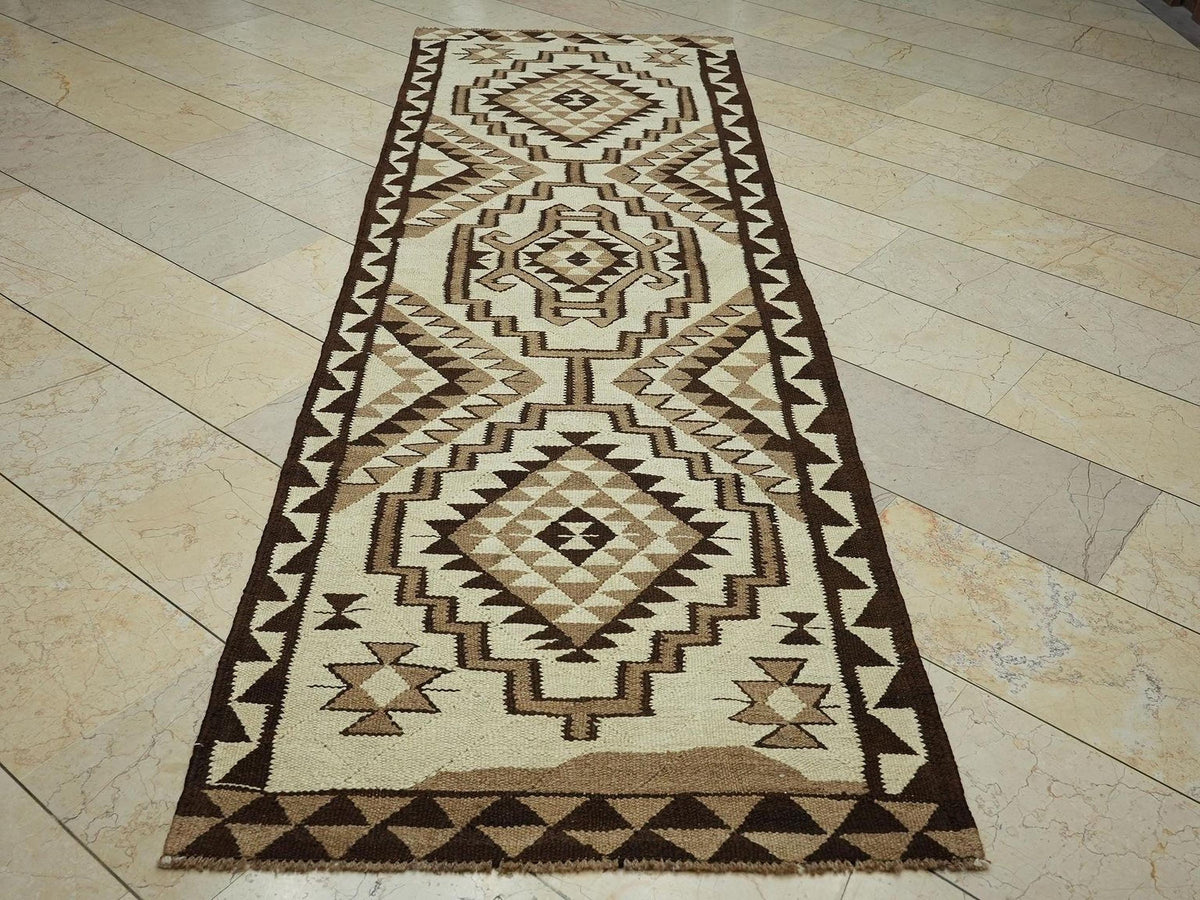 Neutral Flat Weave Kurdish Kilim Rug Runner,3.1x9.8 Ft,Kitchen Decor Wool Rugs.