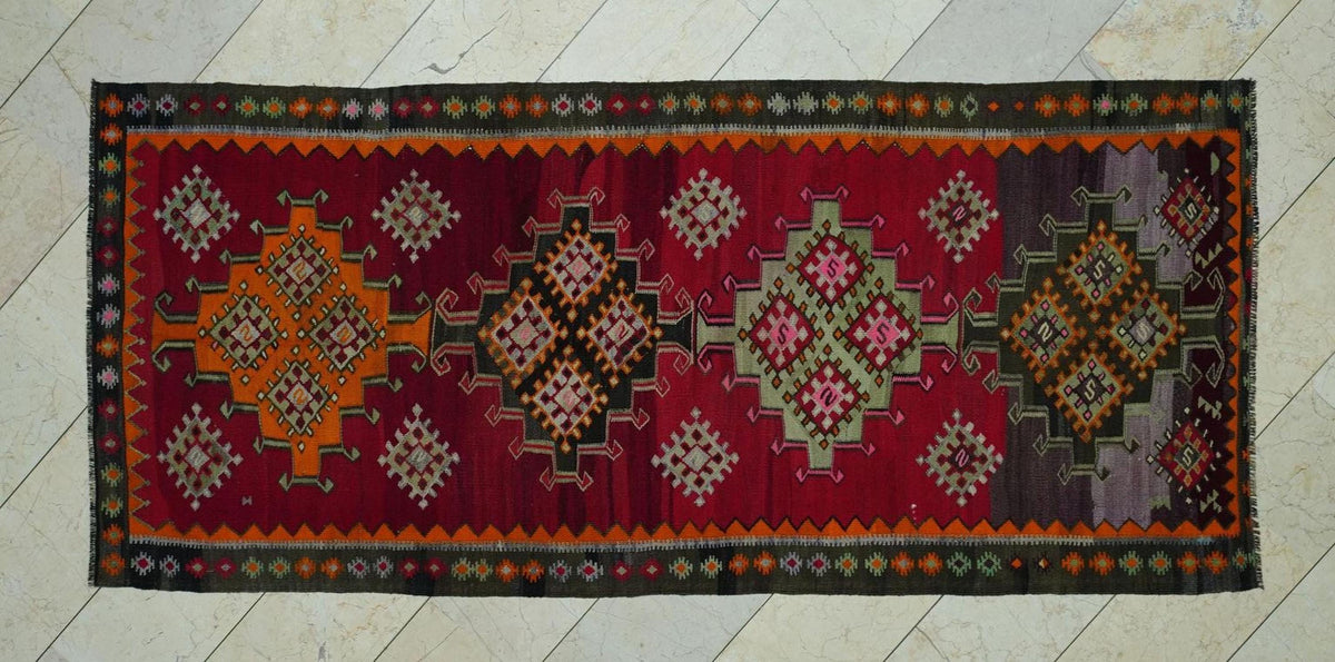 Turkish Kilim Rug Runner: 4x9 Handwoven Wool Anatolian Rugs,Home Hallways Decor.