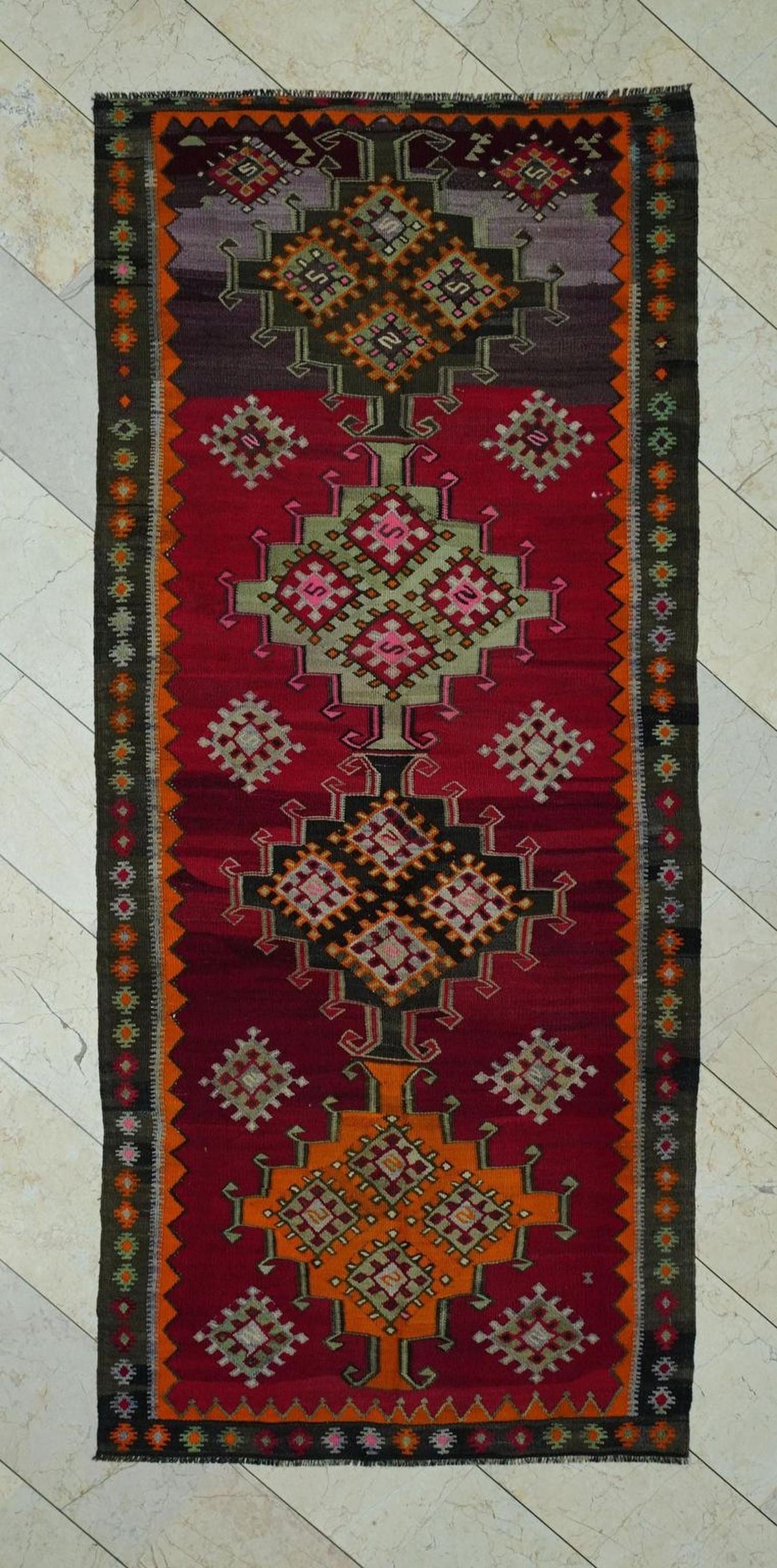 Turkish Kilim Rug Runner: 4x9 Handwoven Wool Anatolian Rugs,Home Hallways Decor.