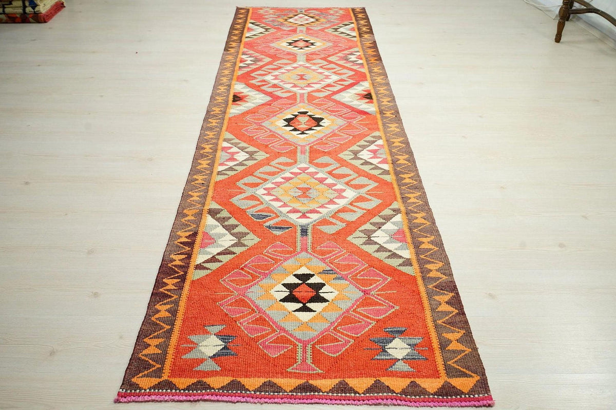 Handmade Orange Kilim Rug Runner: 3x10.6 ft, Tribal Woven Wool Rugs.