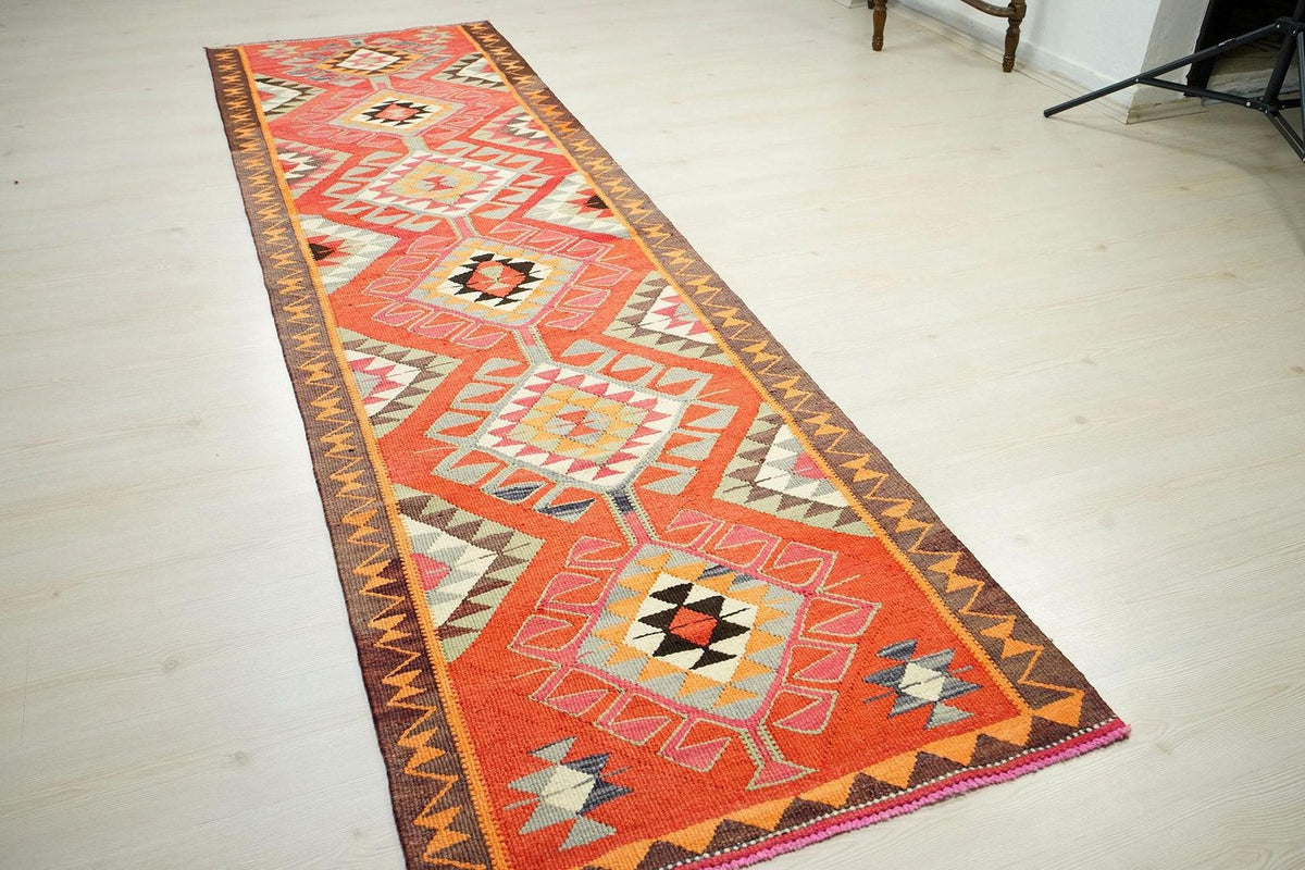 Handmade Orange Kilim Rug Runner: 3x10.6 ft, Tribal Woven Wool Rugs.