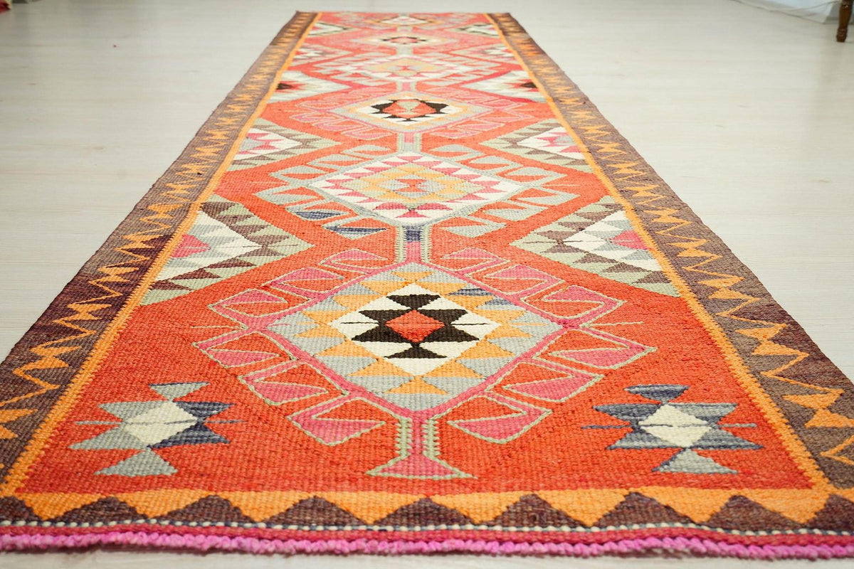 Handmade Orange Kilim Rug Runner: 3x10.6 ft, Tribal Woven Wool Rugs.