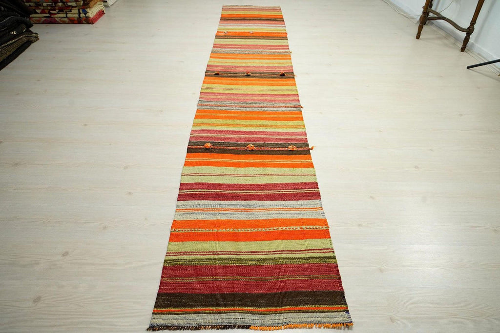 Striped Kilim Rug Runner: Long Flat Weave Wool Stair Decor Rugs, 2.4x12.8 ft.