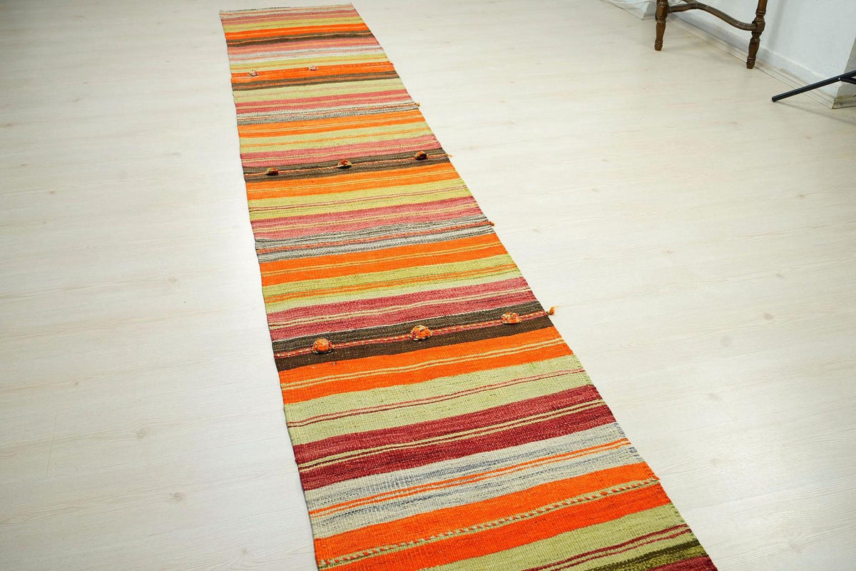 Striped Kilim Rug Runner: Long Flat Weave Wool Stair Decor Rugs, 2.4x12.8 ft.