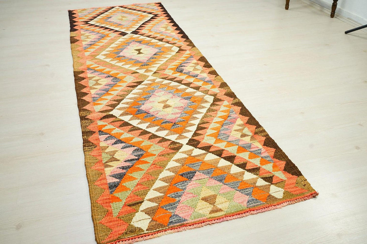 Vintage Turkish Kilim Rug Runner: 3x8.9 ft, Handwoven Wool Hallway Decor Rugs.