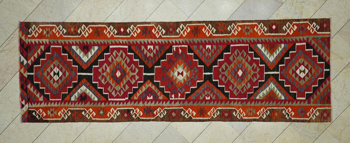 Kurdish Geometric Wool Kilim Rug Runner,3.4x10.5 Ft,Hand Flat Woven Rugs.