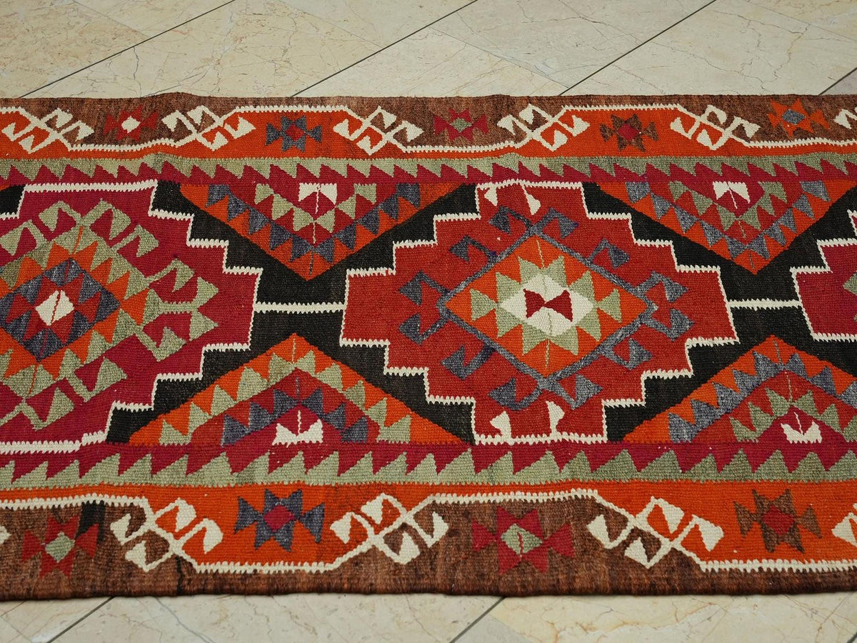 Kurdish Geometric Wool Kilim Rug Runner,3.4x10.5 Ft,Hand Flat Woven Rugs.
