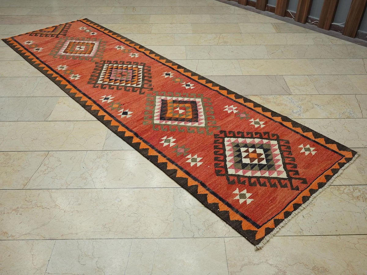 Kurdish Wedding Dowry Rug Runner,3x10.4 Ft,Handmade Flat Woven Rugs.