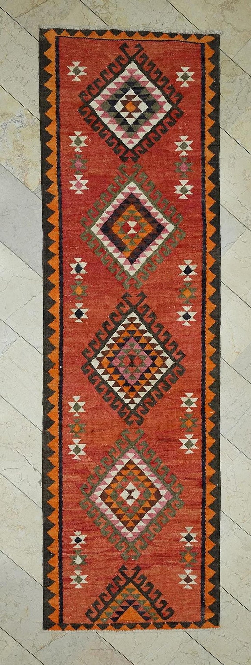 Kurdish Wedding Dowry Rug Runner,3x10.4 Ft,Handmade Flat Woven Rugs.