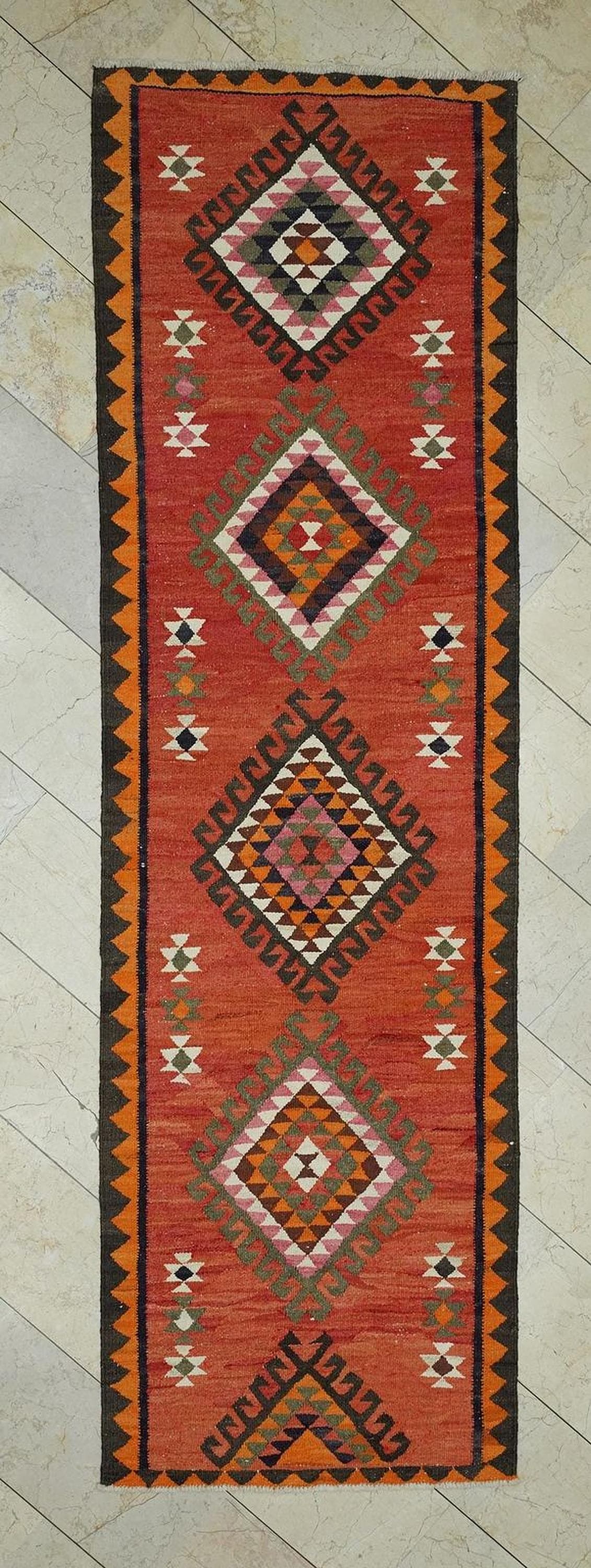 Kurdish Wedding Dowry Rug Runner,3x10.4 Ft,Handmade Flat Woven Rugs.