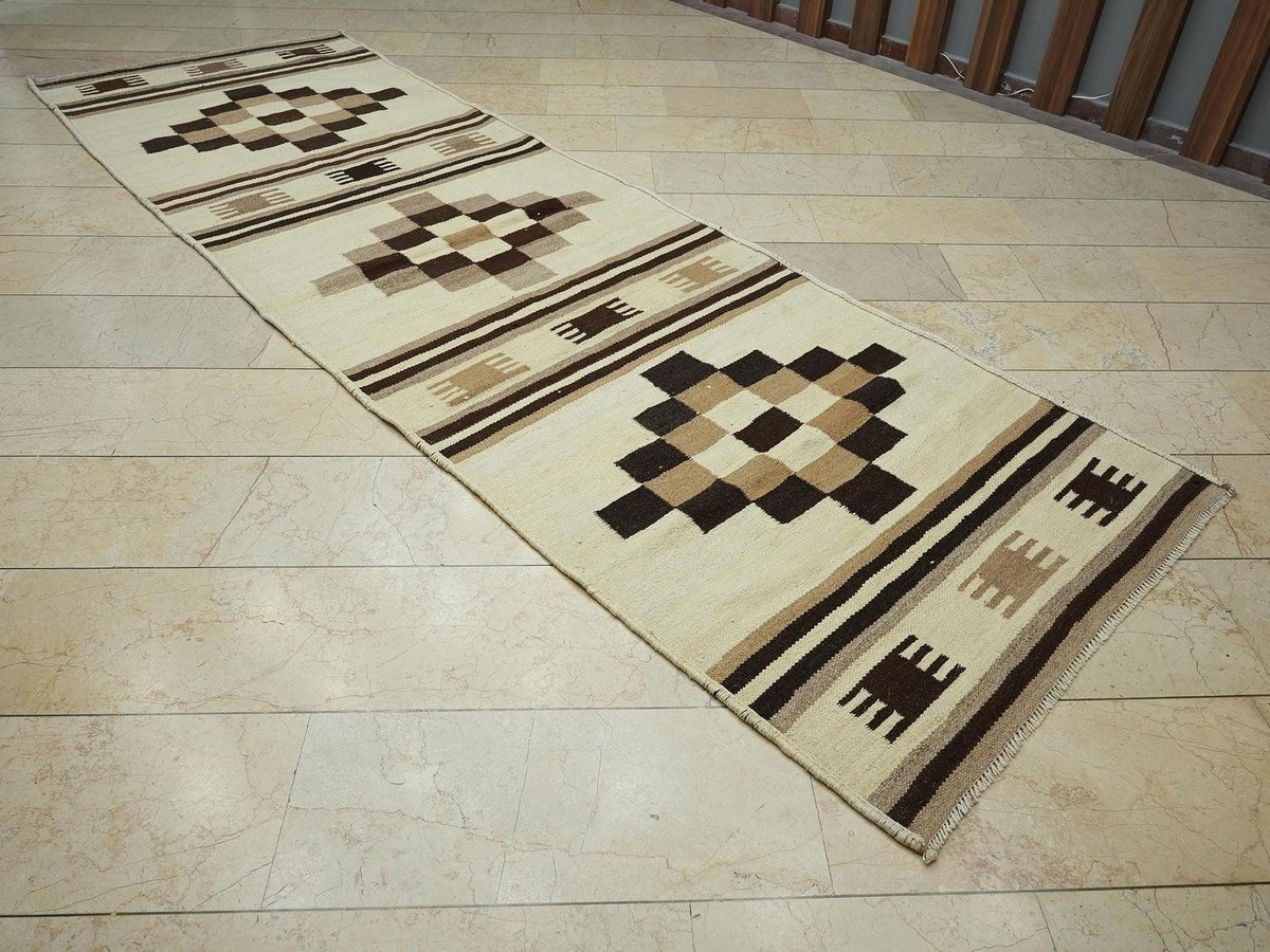 Neutral Flat Woven kilim Rug Runner,3.8x12.2 Ft,Wide And Long Minimalist Rugs