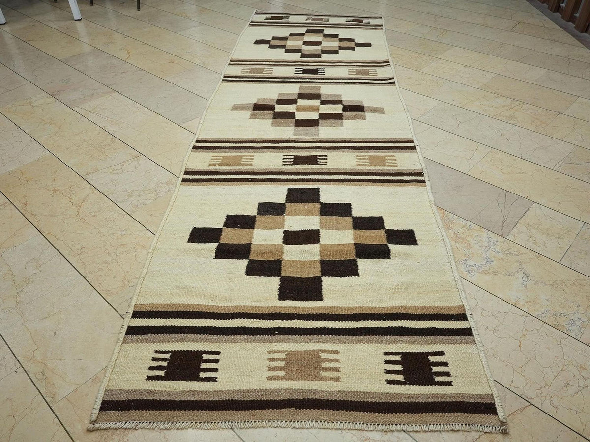 Neutral Flat Woven kilim Rug Runner,3.8x12.2 Ft,Wide And Long Minimalist Rugs