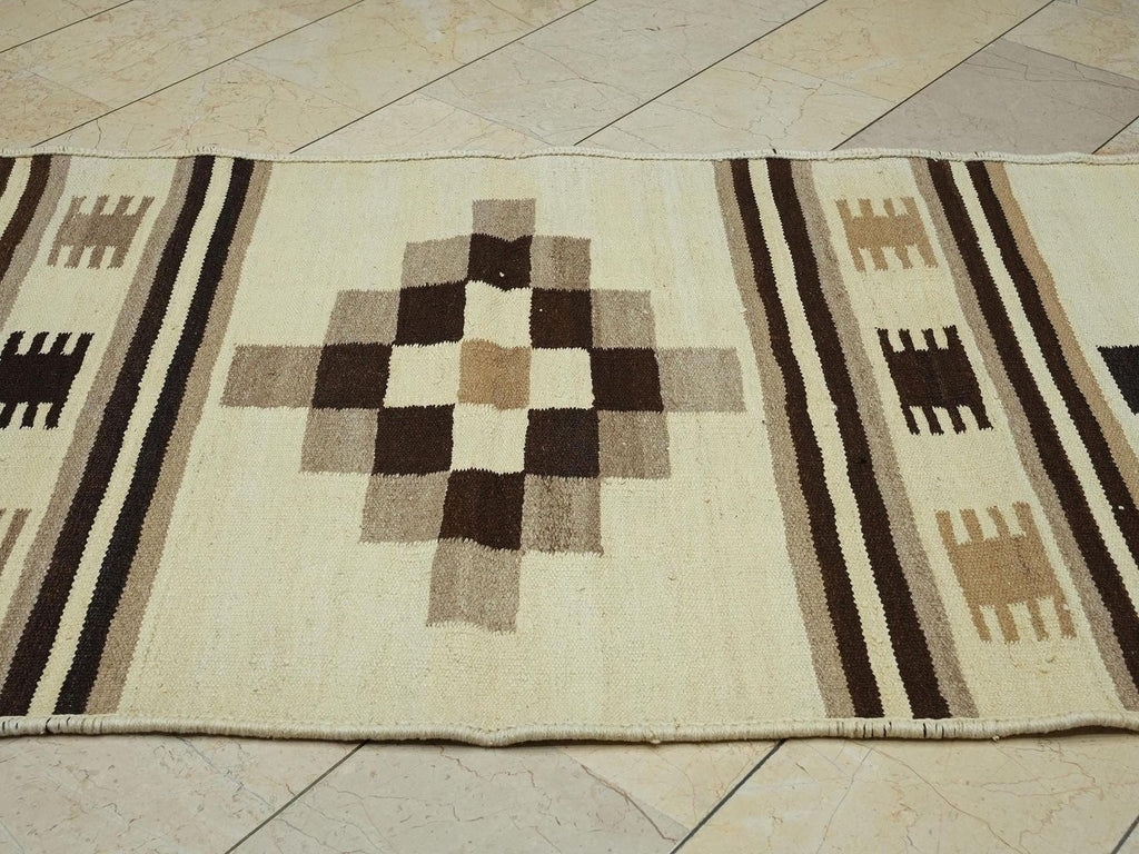Neutral Flat Woven kilim Rug Runner,3.8x12.2 Ft,Wide And Long Minimalist Rugs