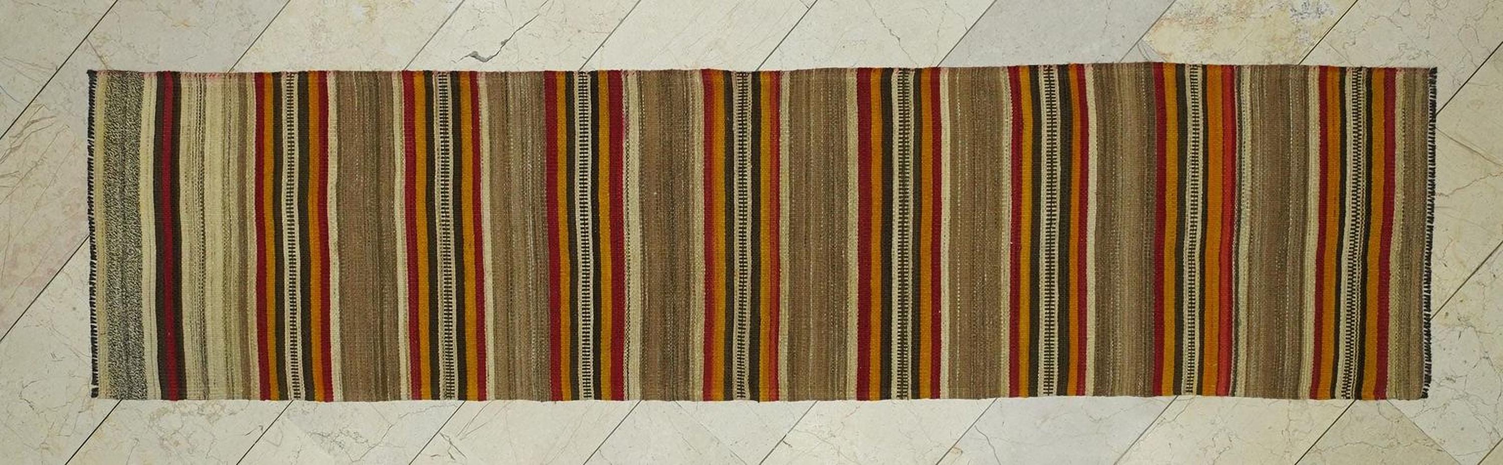 Striped Turkish Kilim Rug Runner: 3"x10" Vintage Wool Anatolian Rugs