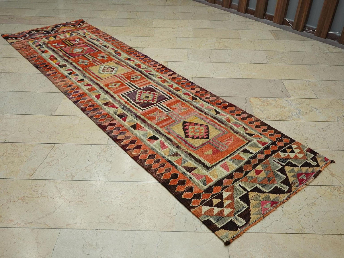 Colorful Flat Woven Kilim Rug Runner,2.9x10.4 Ft,Kitchen Decor Rugs