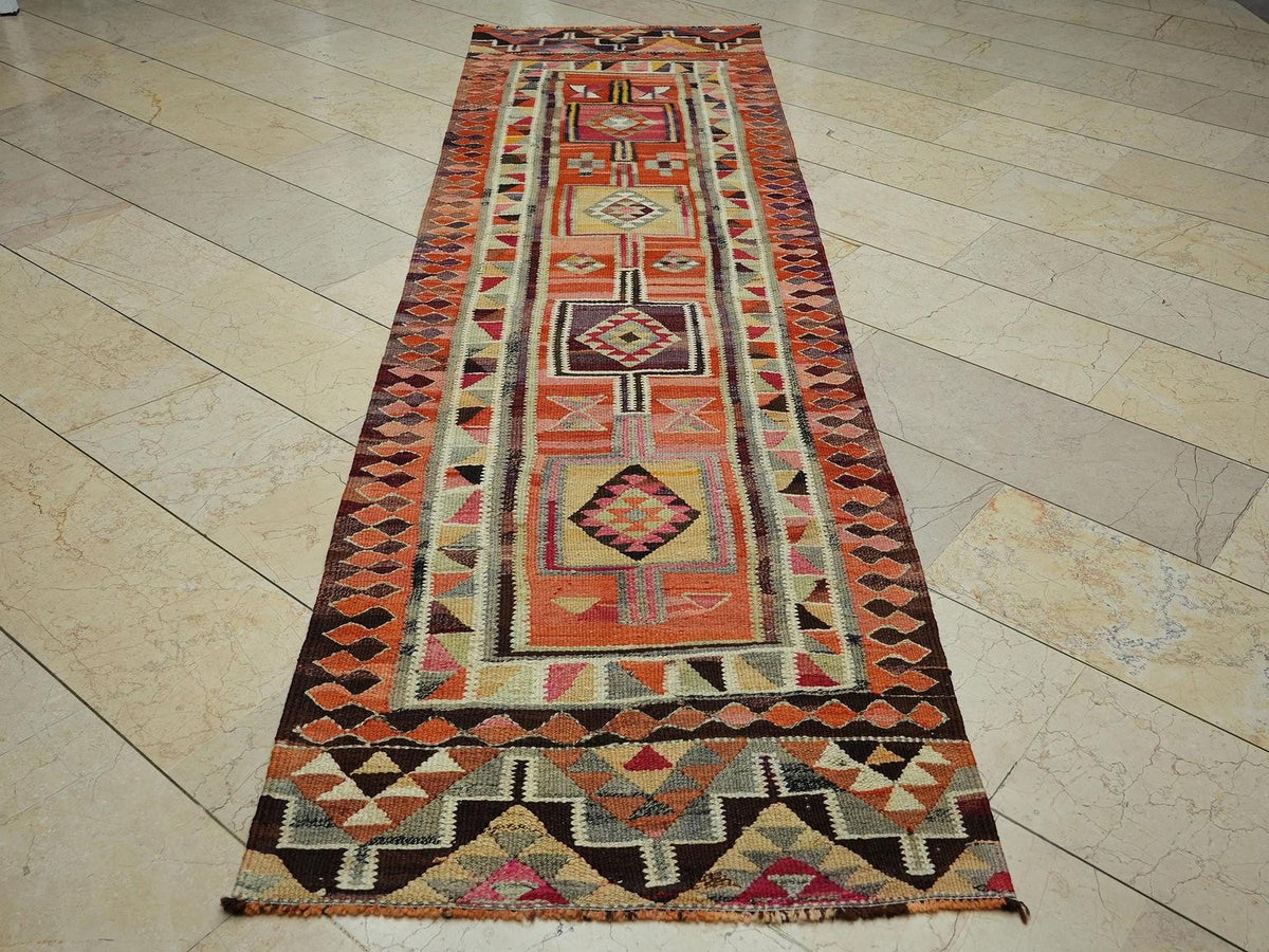 Colorful Flat Woven Kilim Rug Runner,2.9x10.4 Ft,Kitchen Decor Rugs