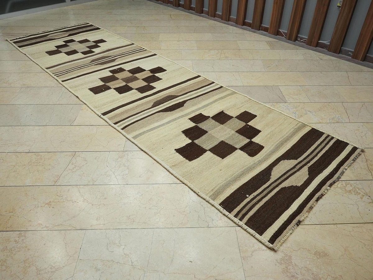 Neutral Vintage Flat Woven Kilim Rug Runner,3.5x12.5 Ft,Minimalist Winter Decor Wool Rugs