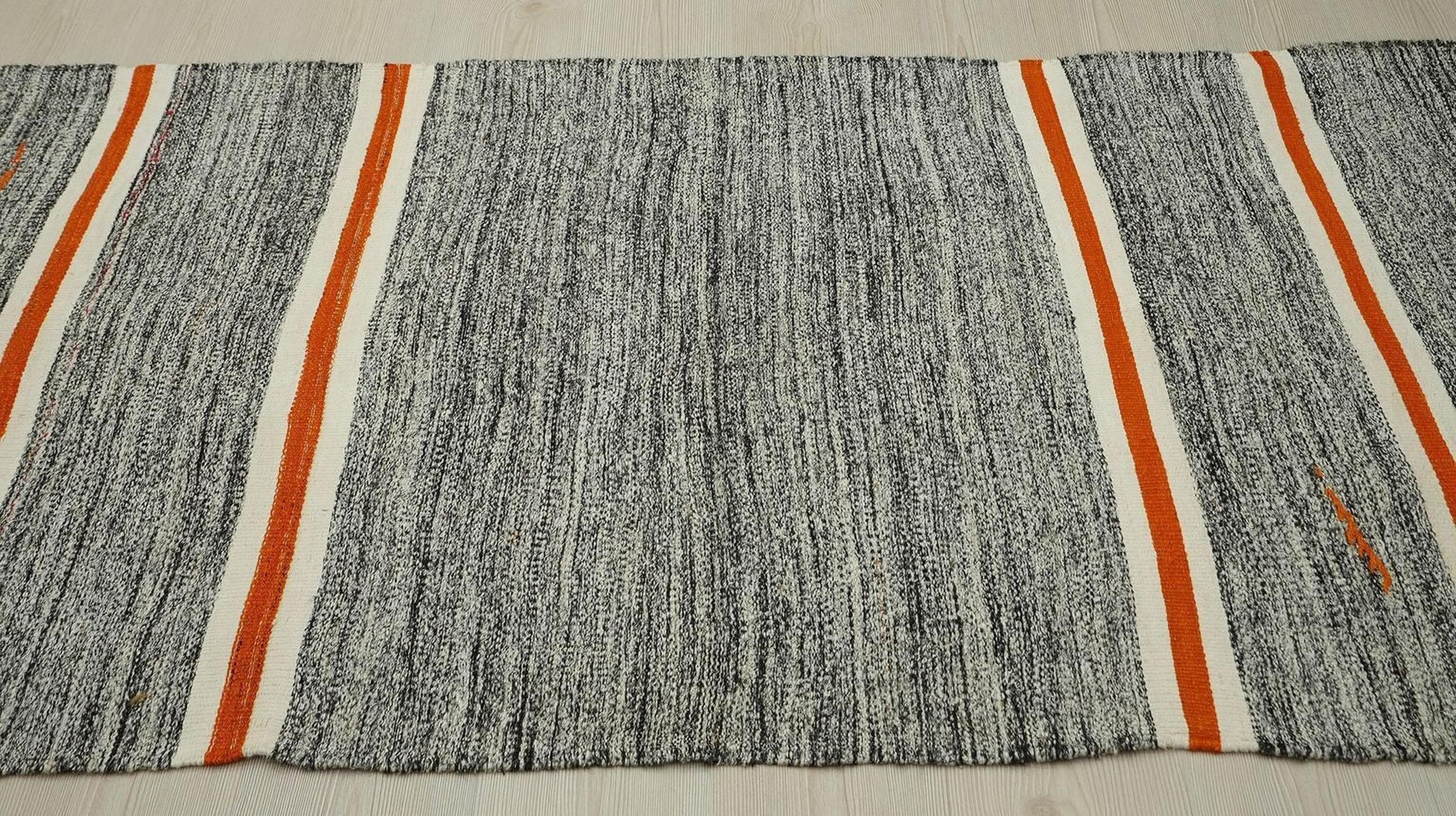 3x11 Orange White Stripe, Gray Turkish Rug Runner,Minimalist Decor Rugs