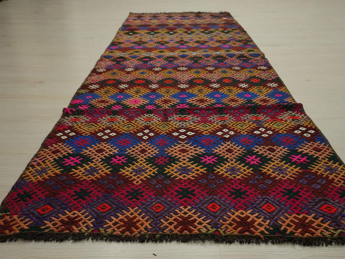 Vintage Turkish Kilim Rug Runner: Embroidered Colorful Wool Rugs,2.7x8.5 ft.