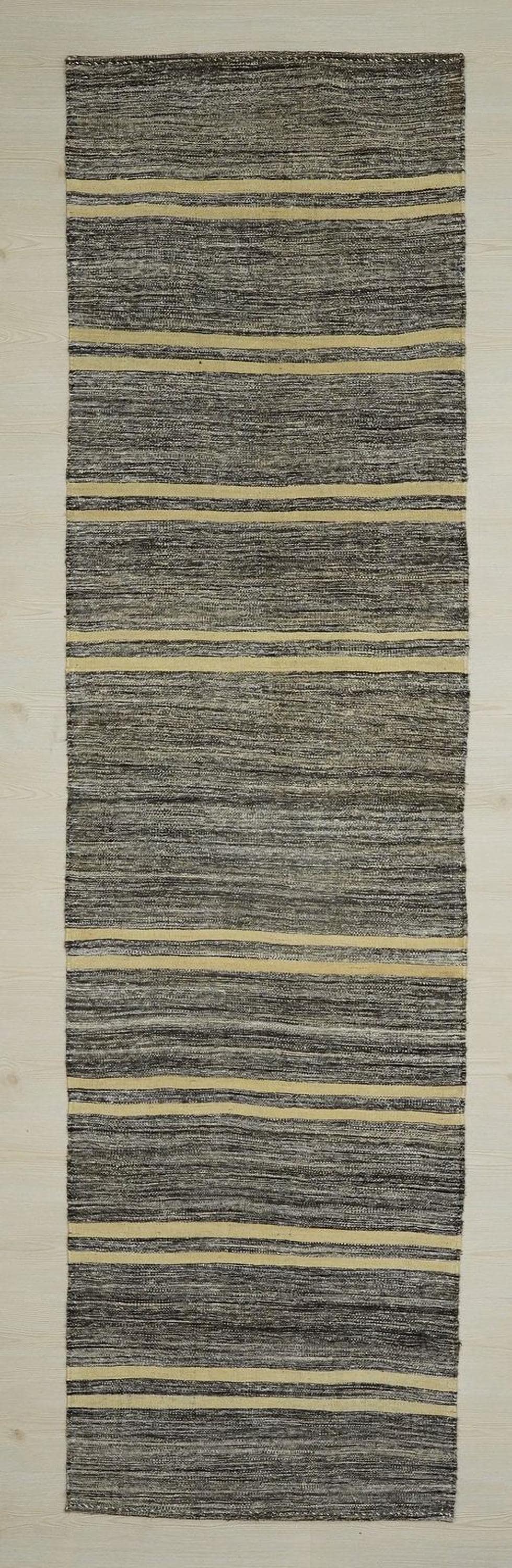 Turkish Kilim Rug Runner: Ethnic Striped Gray Rugs 2,8"x10,5" Feet.