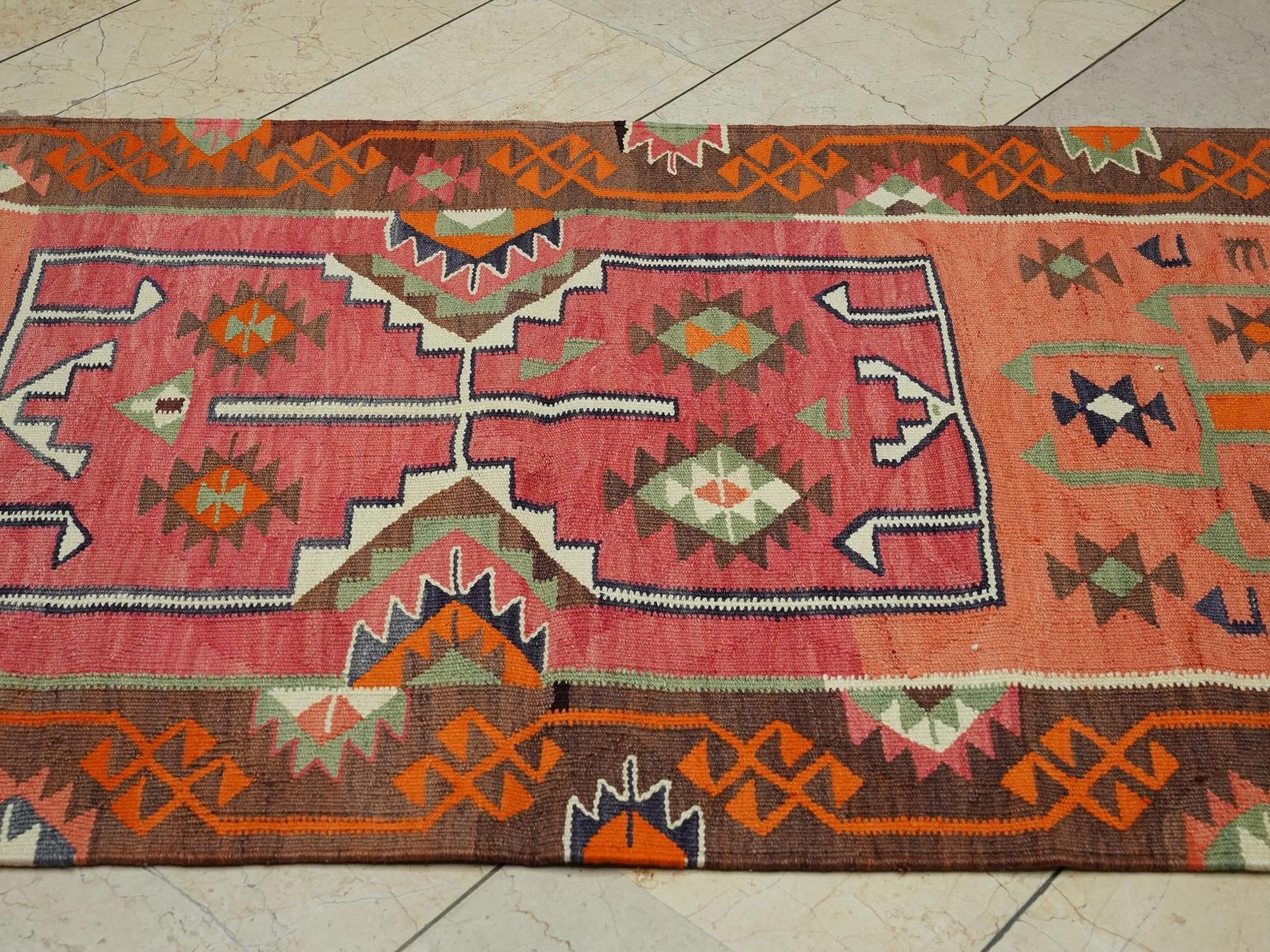 Orange Handmade Wool Turkish Kilim Rug Runner,3.4x11.5 Ft,Home Living Rugs