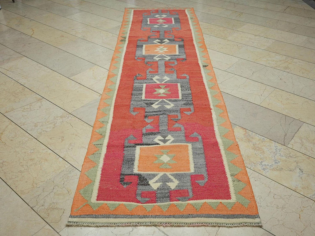 3x11 Wool Turkish Kilim Rug Runner,Minimalist Kitchen Decor Rugs.