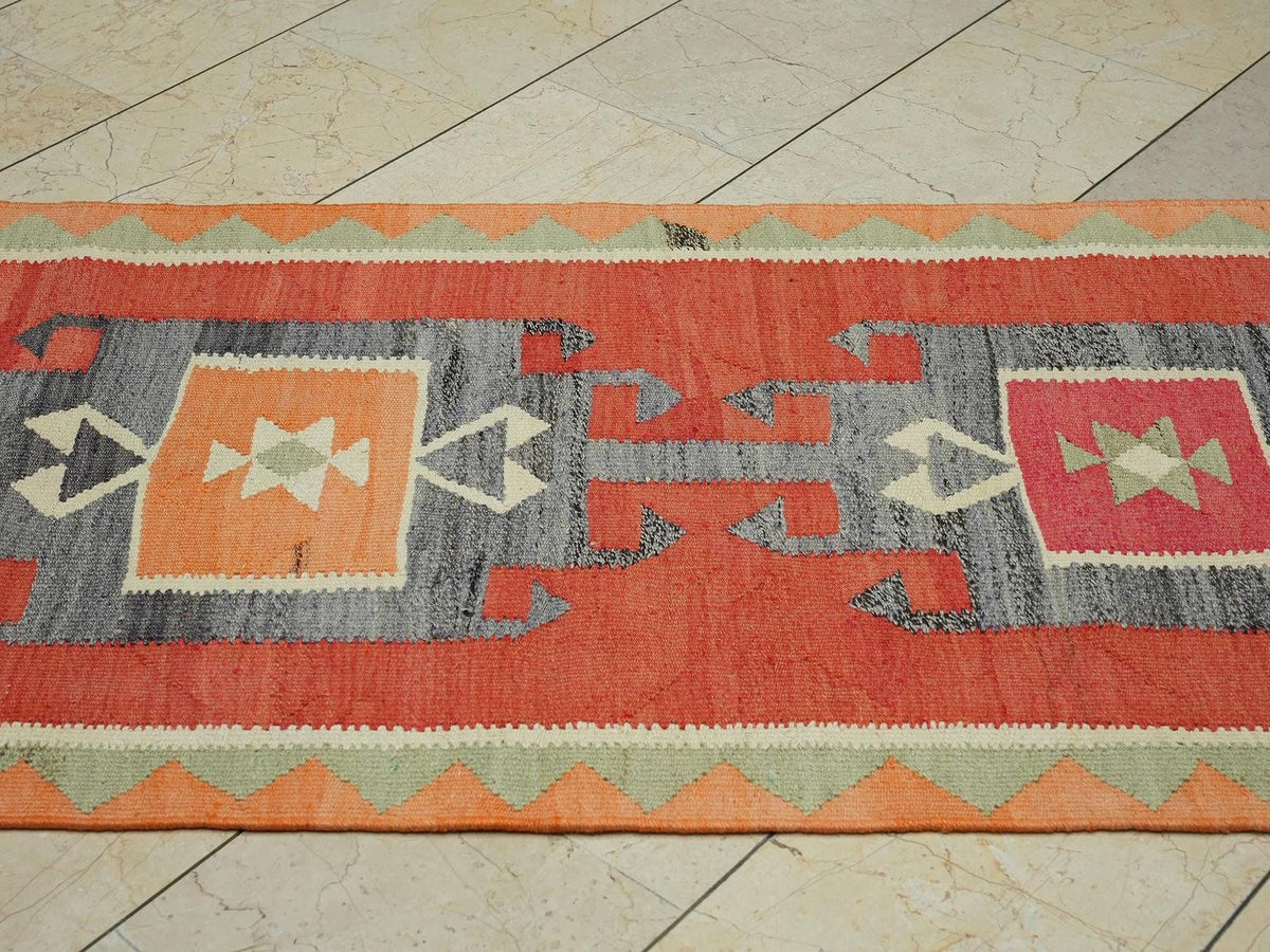 3x11 Wool Turkish Kilim Rug Runner,Minimalist Kitchen Decor Rugs.