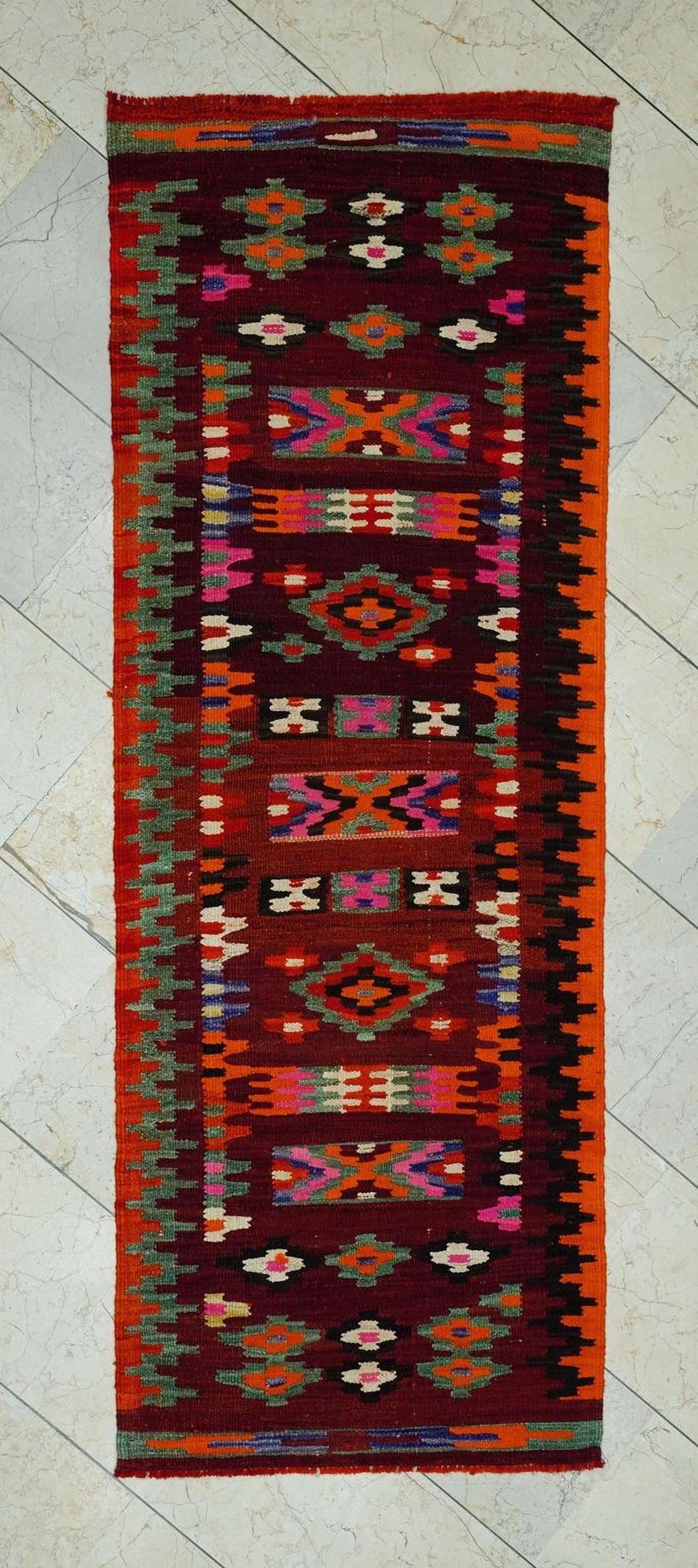 Tribal Kilim Rug Runner: 2.4x6.8 Ft, Small Size Flat Weave Wool Rugs