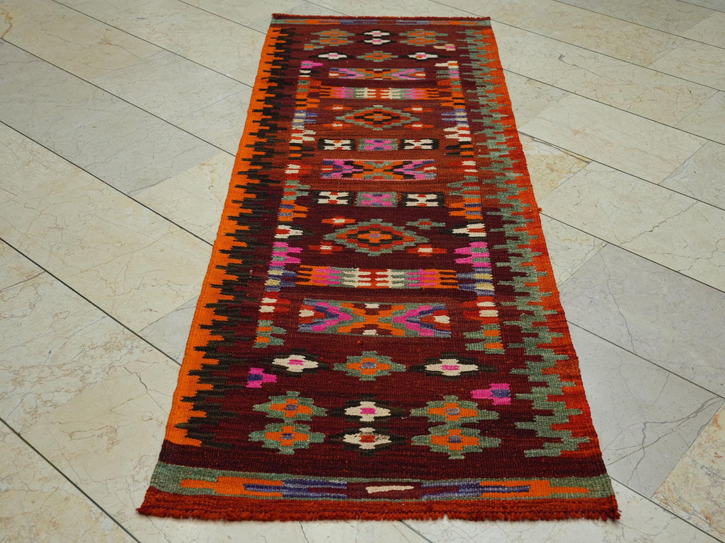 Tribal Kilim Rug Runner: 2.4x6.8 Ft, Small Size Flat Weave Wool Rugs