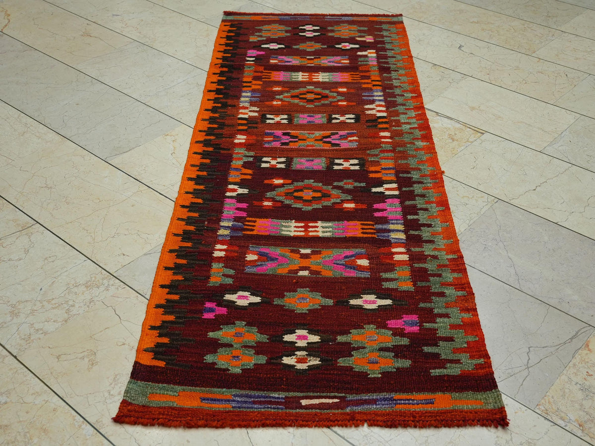 Tribal Kilim Rug Runner: 2.4x6.8 Ft, Small Size Flat Weave Wool Rugs