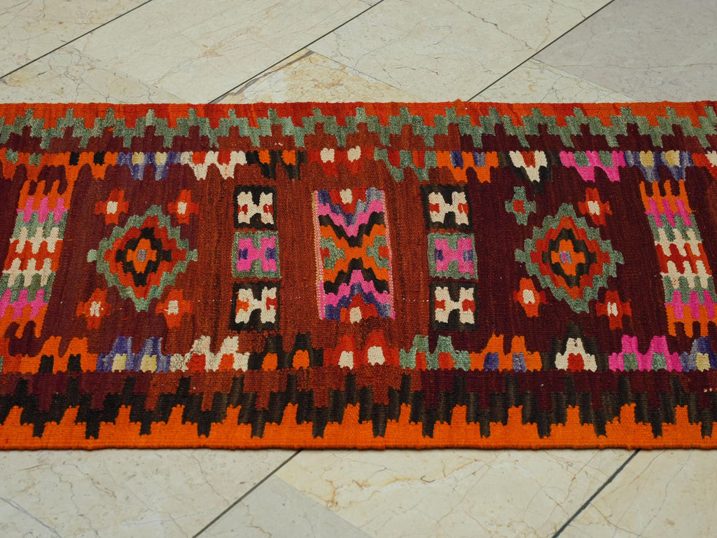 Tribal Kilim Rug Runner: 2.4x6.8 Ft, Small Size Flat Weave Wool Rugs