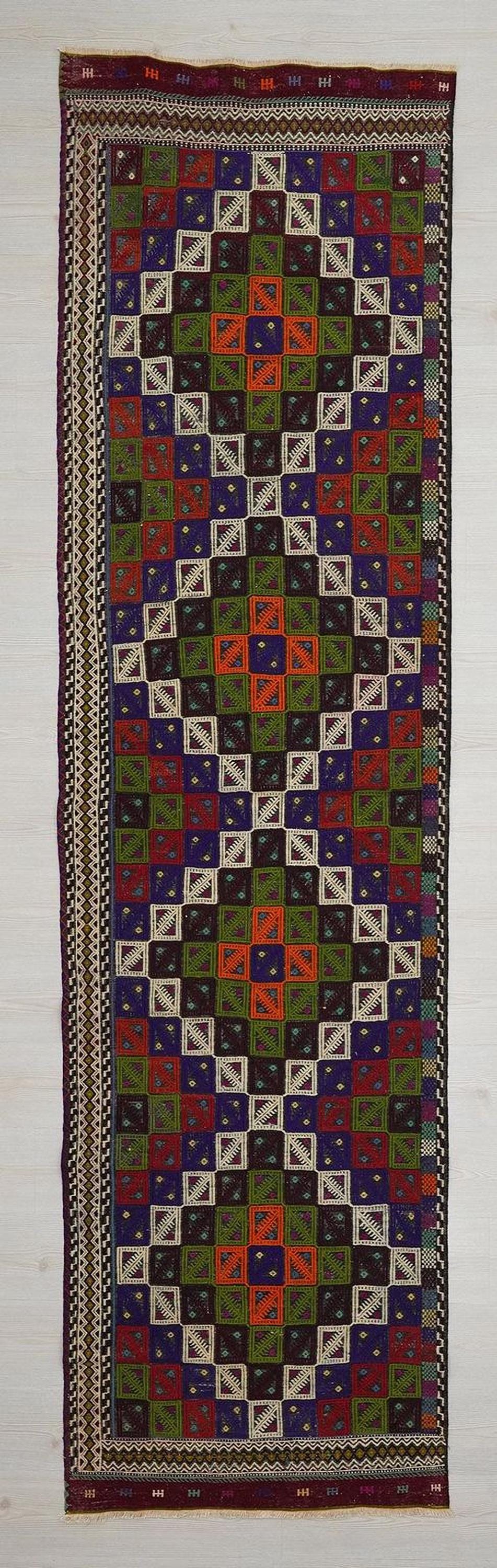 Vintage Turkish Kilim Rug Runner: 3"x11" Embroidered Hallway Rugs