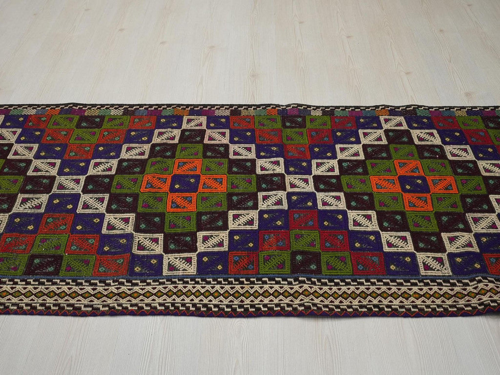 Vintage Turkish Kilim Rug Runner: 3"x11" Embroidered Hallway Rugs