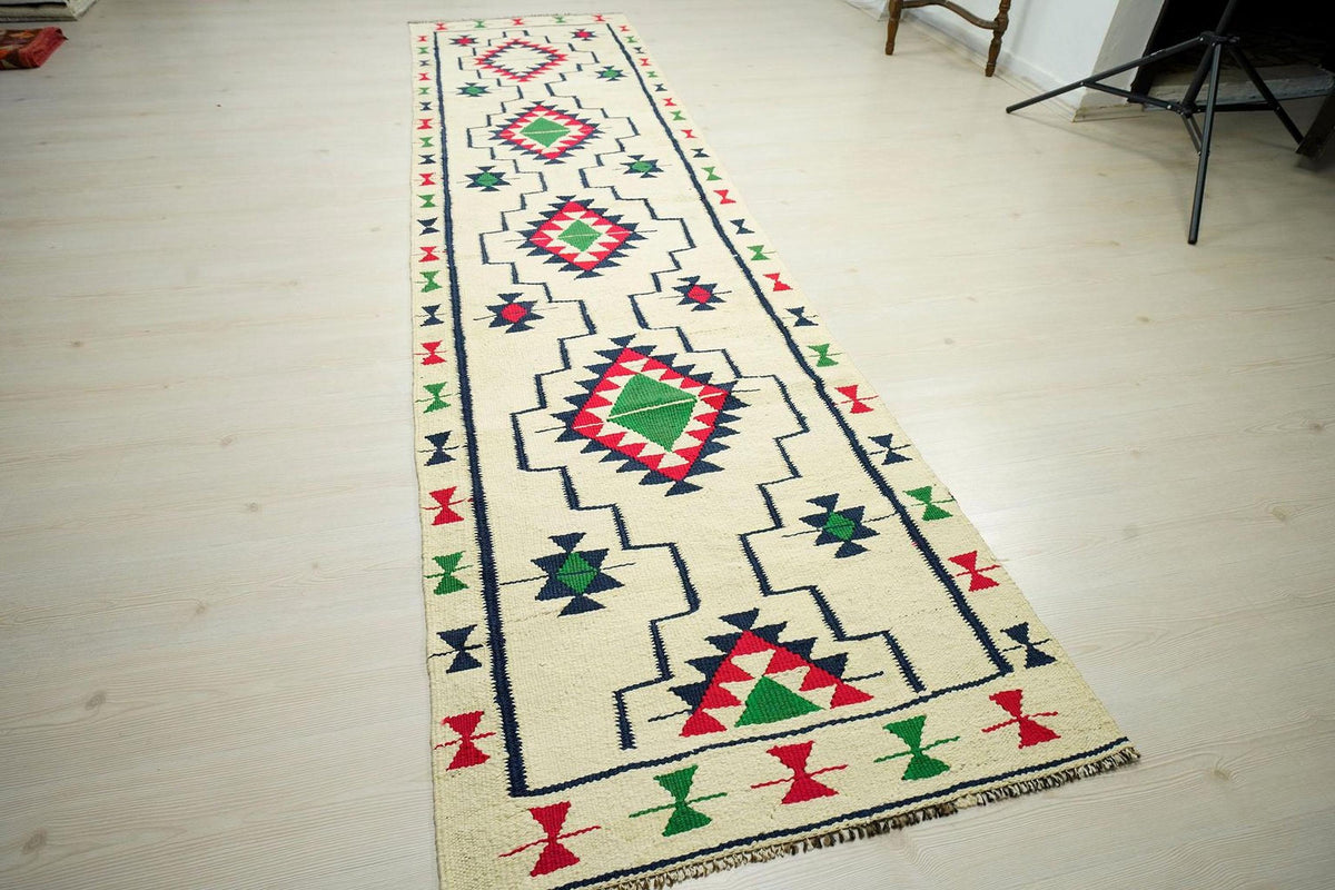 Vintage Kilim Rug Runner: 3x12 Flat Weave Wool, Tribal Hallway Decor