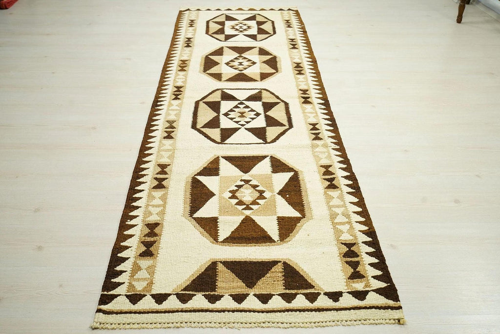 Handmade Wool Kilim Rug Runner: Brown & Cream Flat Weave, 3x9.3 ft