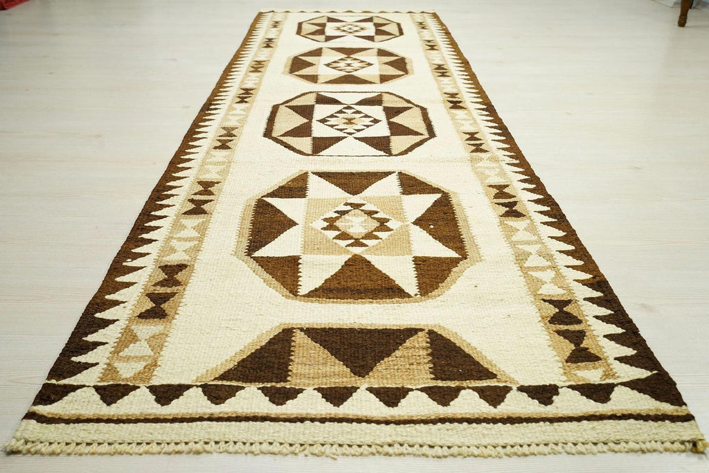 Handmade Wool Kilim Rug Runner: Brown & Cream Flat Weave, 3x9.3 ft