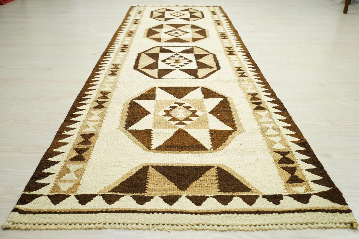 Handmade Wool Kilim Rug Runner: Brown & Cream Flat Weave, 3x9.3 ft
