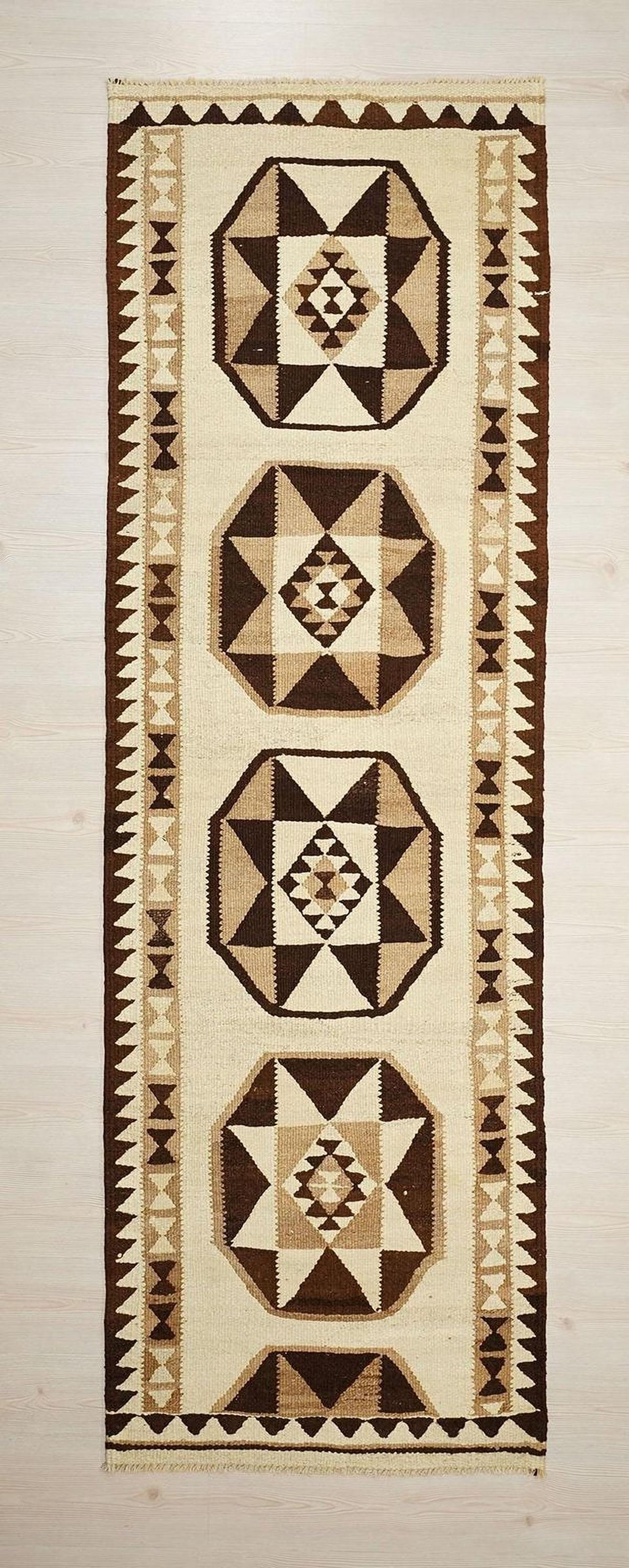 Handmade Wool Kilim Rug Runner: Brown & Cream Flat Weave, 3x9.3 ft