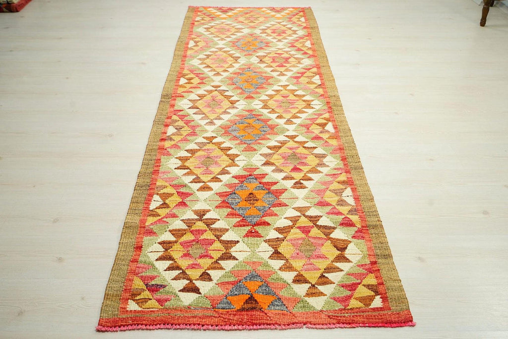 Scandinavian Kilim Rug Runner: Pastel Colors, Handwoven Wool (3x9.3 ft)