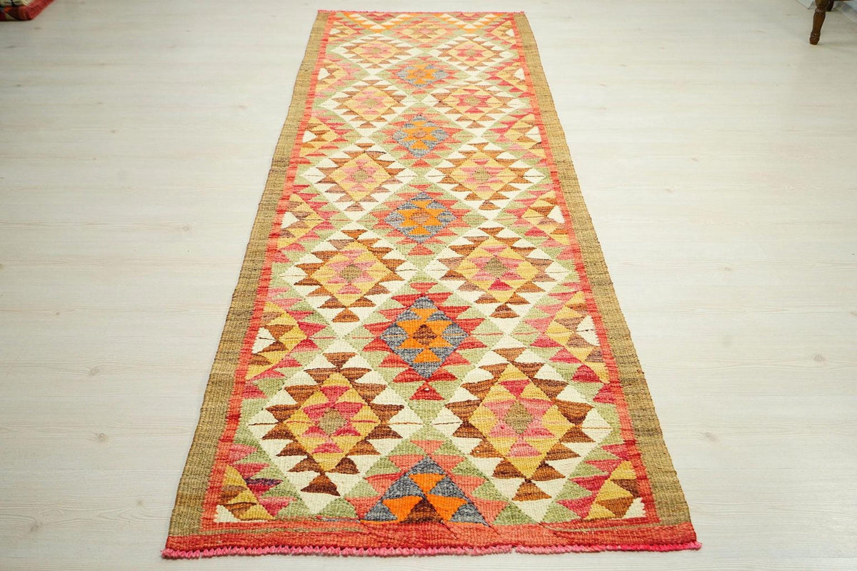 Scandinavian Kilim Rug Runner: Pastel Colors, Handwoven Wool (3x9.3 ft)