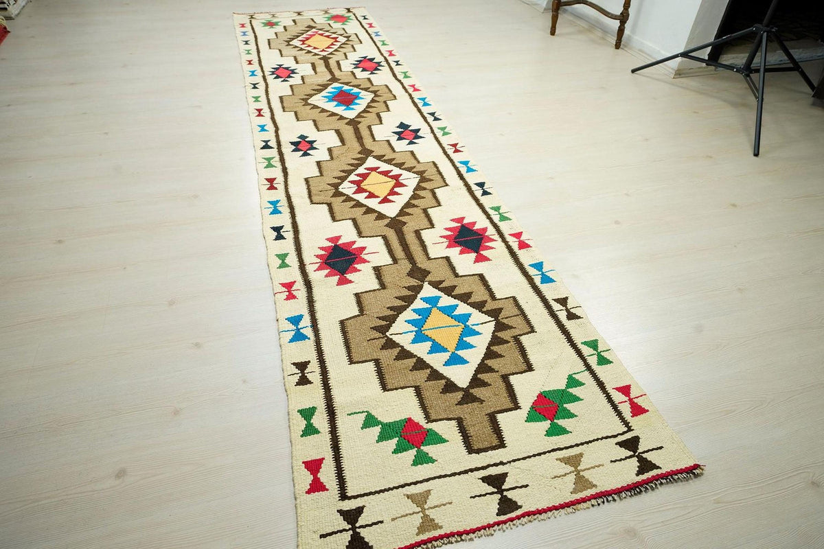 Vintage Turkish Kilim Rug Runner: 3x12 Flat Weave Wool Hallway Decor