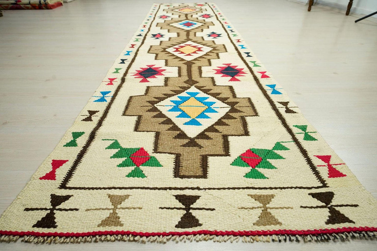 Vintage Turkish Kilim Rug Runner: 3x12 Flat Weave Wool Hallway Decor