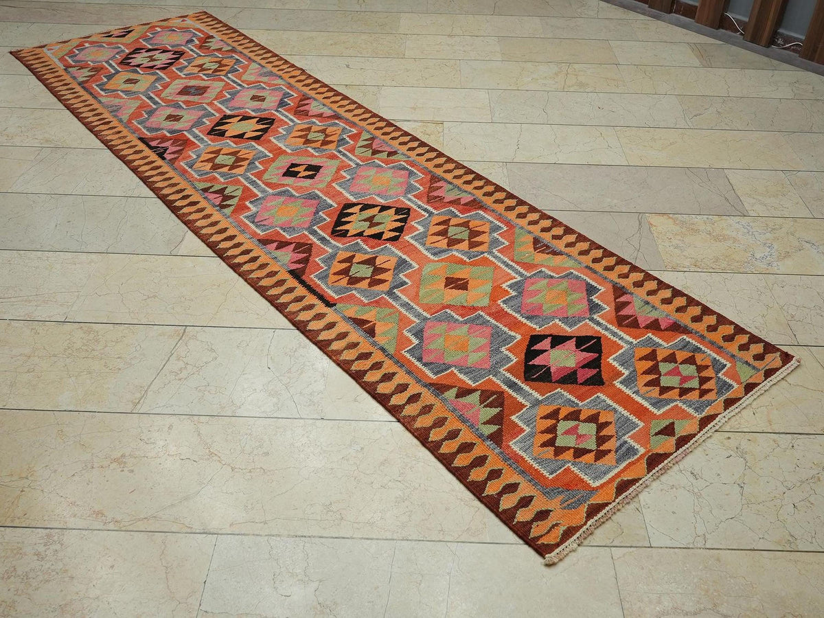 Vintage Turkish Kilim Rug Runner: 3"x10" Flat Weave Wool, Bohemian Ethnic Decor