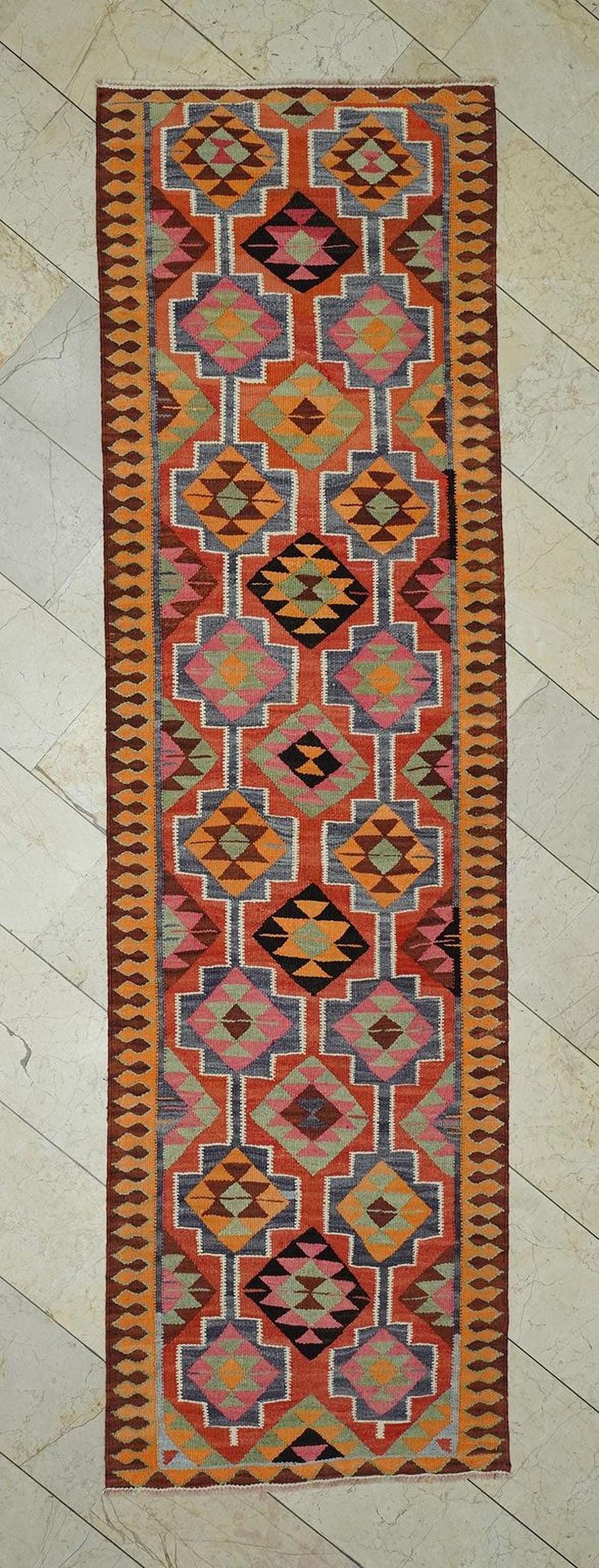 Vintage Turkish Kilim Rug Runner: 3"x10" Flat Weave Wool, Bohemian Ethnic Decor