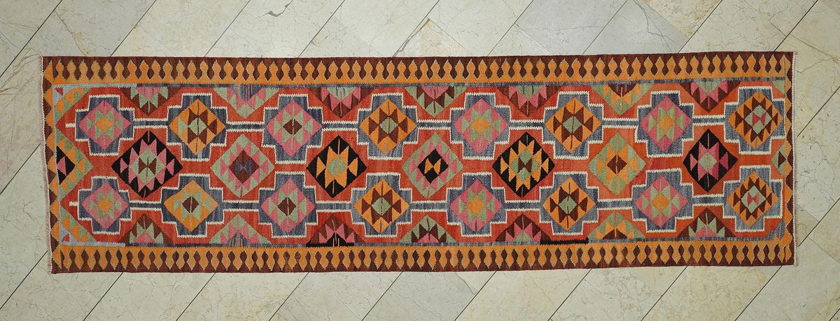 Vintage Turkish Kilim Rug Runner: 3"x10" Flat Weave Wool, Bohemian Ethnic Decor