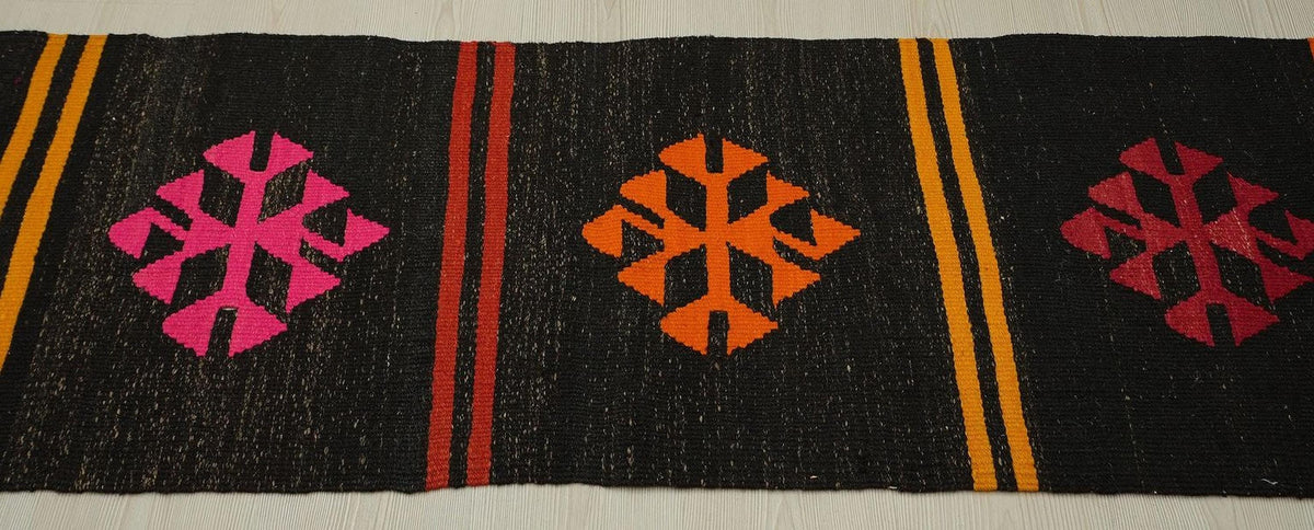 Dark Brown Goat Hair Kilim Rug Runner: 2"x10.9" Vintage Turkish Hallway Decor Rugs