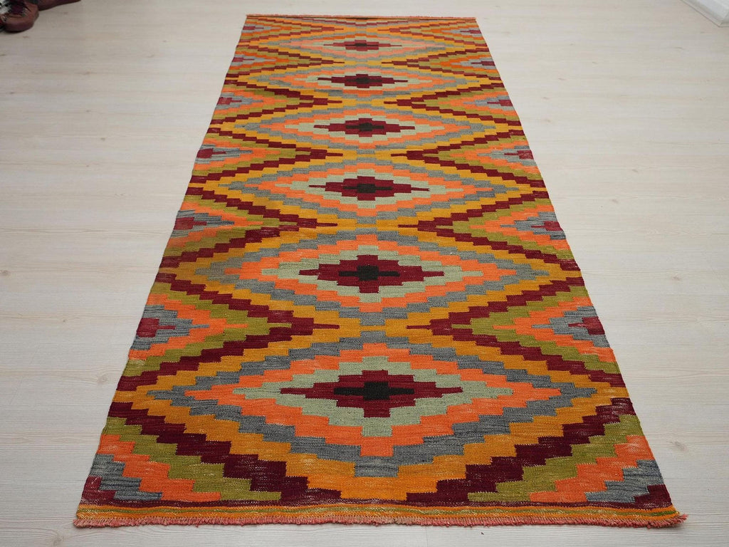 Handmade Turkish Kilim Rug Runner: Orange Flat Weave Hallway Decor (3,10"x9,7" Feet)