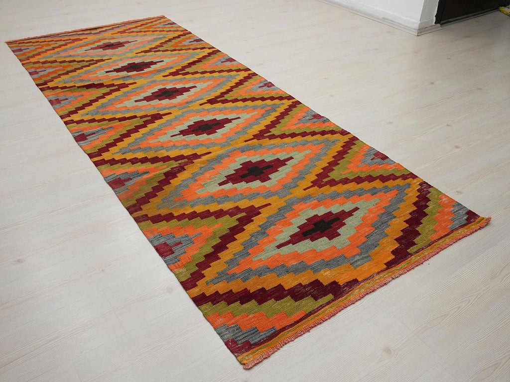 Handmade Turkish Kilim Rug Runner: Orange Flat Weave Hallway Decor (3,10"x9,7" Feet)